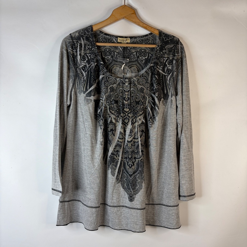 One World Long Sleeve Top Womens 1X Grey Paisley Pintuck Boho Button Front